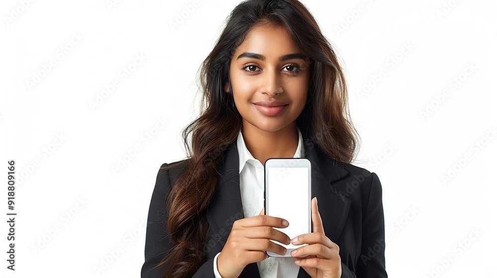 Young beautiful indian businesswoman wearing formal suit showing smart phone with blank display screen to put advertisement isolated over white background Corporate Concept : Generative AI