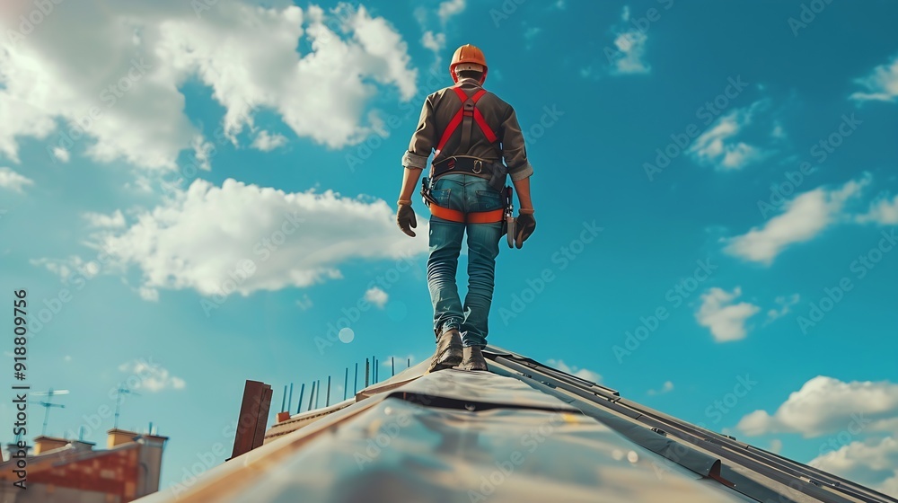 Roofing on rooftop Builder roofer install new roof Construction worker roofing on a large roof apartment building development Roofer carpenter working on roof structure construction si : Generative AI Roofing on rooftop Builder roofer install new roof Construction worker roofing on a large roof apartment building development Roofer carpenter working on roof structure construction si : Generative AI