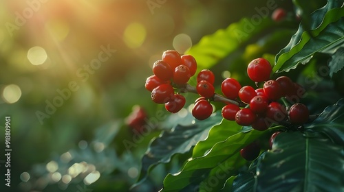 Closeup of coffee berries cherries grow in clusters along the branch of coffee tree growing under forest canopy shadegrown coffee plantation over blurred bokeh green leaves background : Generative AI photo