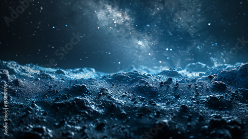 Wide view of the dark asteroid belt, clusters of small meteoroids scattered across the frame