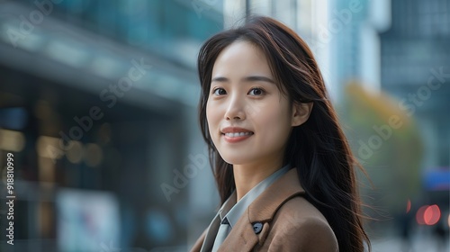 Smiling Asian businesswoman walking in the city and looking away Copy space   Generative AI