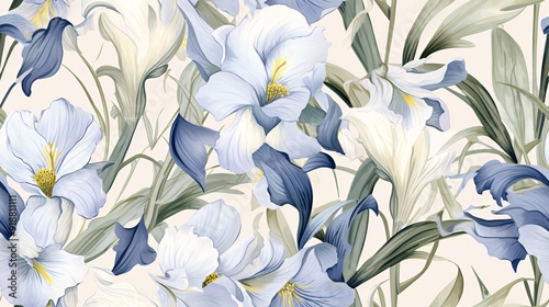 Seamless pattern of white iris flowers and slender leaves in a watercolor design, evoking a classic and refined aesthetic