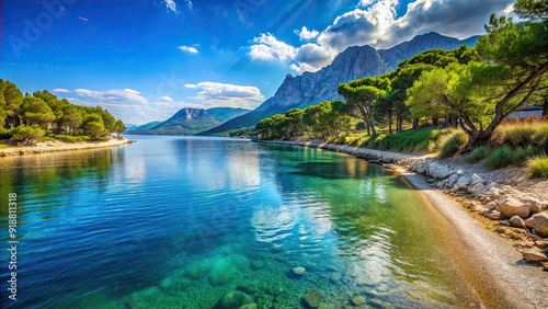 Fototapeta Naklejka Na Ścianę i Meble -  River bank near Makarska ocean with sunny weather and blue sky, river, bank, ocean, Makarska, Croatia, sunny, weather