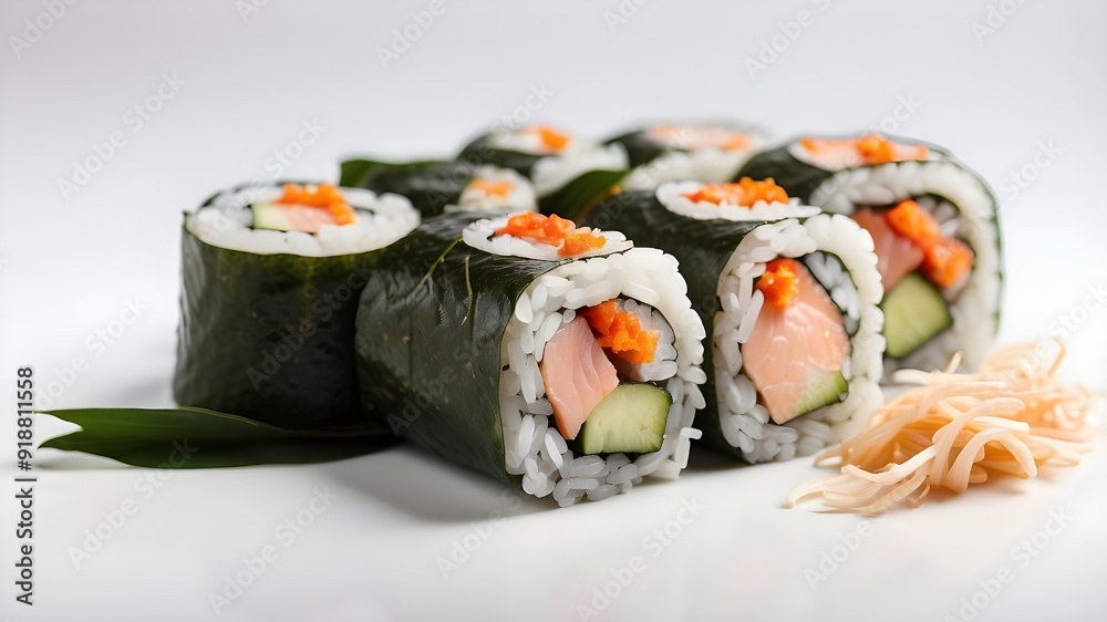 Isolated against a white background, a maki sushi roll bundle with raw fish and vegetable filling, rice, and seaweed rolling it. Isolated against a white background, a maki sushi roll bundle with raw fish and vegetable filling, rice, and seaweed rolling it.