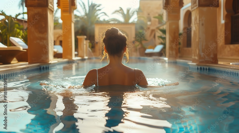 Retreat and vacation Beautiful young woman relaxing in spa private swimming pool in beautiful moroccan backyard : Generative AI Retreat and vacation Beautiful young woman relaxing in spa private swimming pool in beautiful moroccan backyard : Generative AI