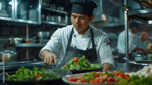 A young Mexican chef is cooking inside a modern restaurant kitchenThe Latin man is making a salad for a diners menuConcept of an American chef in a haute cuisine : Generative AI photo