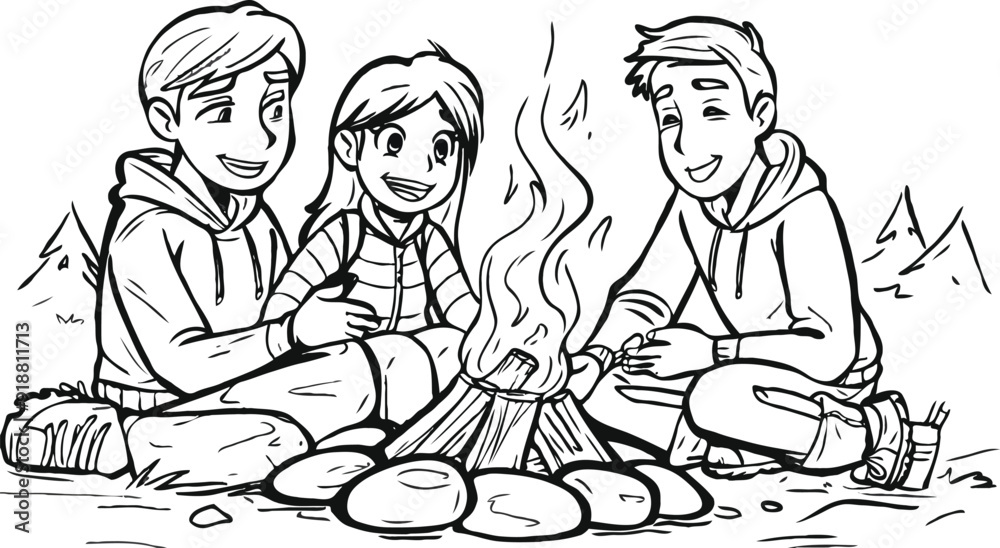 Campfire, family enjoying warmth. White background Campfire, family enjoying warmth. White background