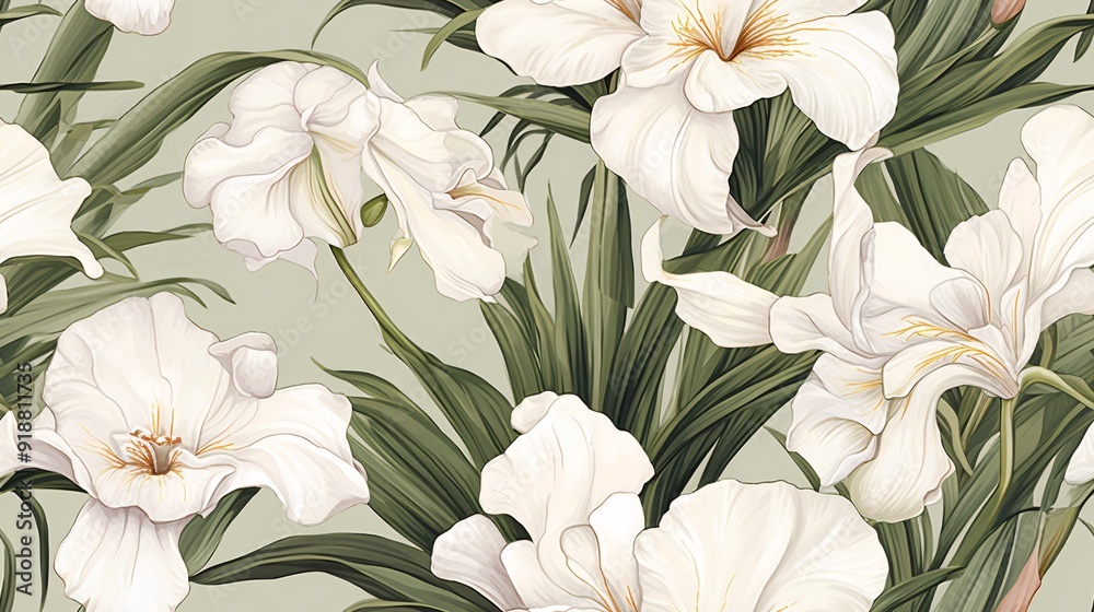 A sophisticated seamless pattern featuring watercolor white iris flowers with detailed leaves, creating a refined vintage look A sophisticated seamless pattern featuring watercolor white iris flowers with detailed leaves, creating a refined vintage look