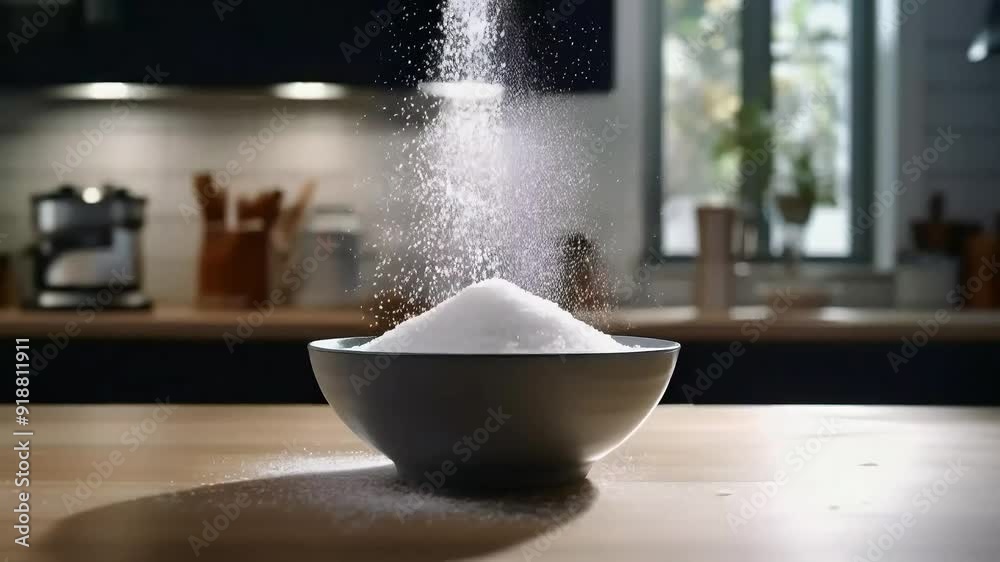 Salt Pouring into Bowl with Soft Morning Kitchen Lighting Salt Pouring into Bowl with Soft Morning Kitchen Lighting