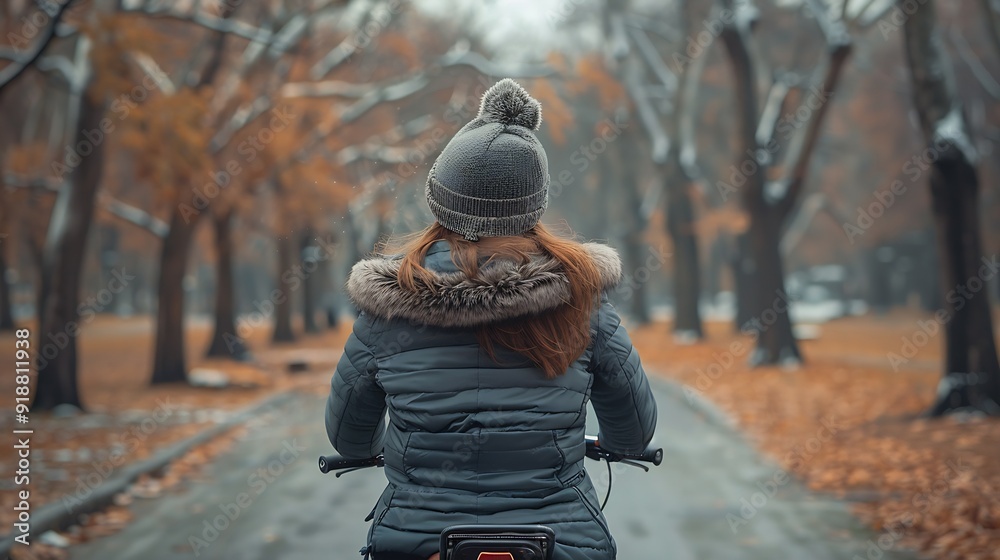 A woman clad in a winter hat and jacket bicycles through an empty park pathway surrounded by bare trees implying serenity and active lifestyle : Generative AI A woman clad in a winter hat and jacket bicycles through an empty park pathway surrounded by bare trees implying serenity and active lifestyle : Generative AI