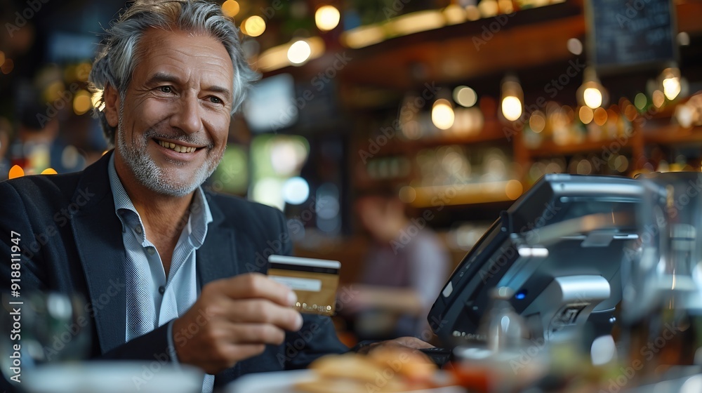 Happy mature business man paying bill using a contactless credit card in a restaurant Handsome mid adult male customer smiling holding a creditcard and giving a payment transaction to : Generative AI Happy mature business man paying bill using a contactless credit card in a restaurant Handsome mid adult male customer smiling holding a creditcard and giving a payment transaction to : Generative AI