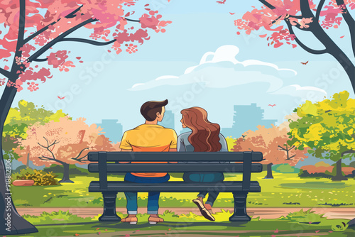 Couple siting on bench in park romantic scenery cartoon vector illustration style. Young Vintage Couple in Love. First date concept. 