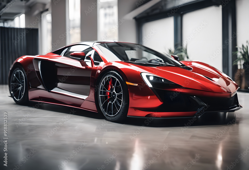 A sleek red sports car with a low profile, featuring sharp lines and a modern design. The car is parked showcasing its aerodynamic features and stylish wheels.