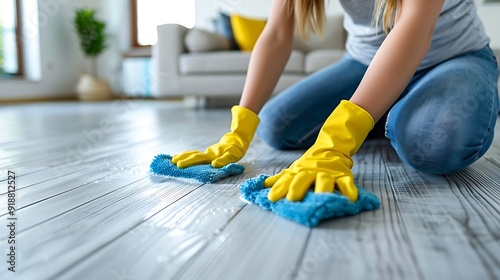 Happy housewife cleaning the floor at home Young woman in rubber gloves washing and wiping light gray wooden or laminate flooring in the living room Housework concept : Generative AI