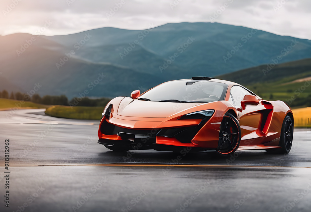 Fototapeta premium A sleek orange sports car with a low profile, featuring sharp lines and a modern design. The car is parked showcasing its aerodynamic features and stylish wheels.