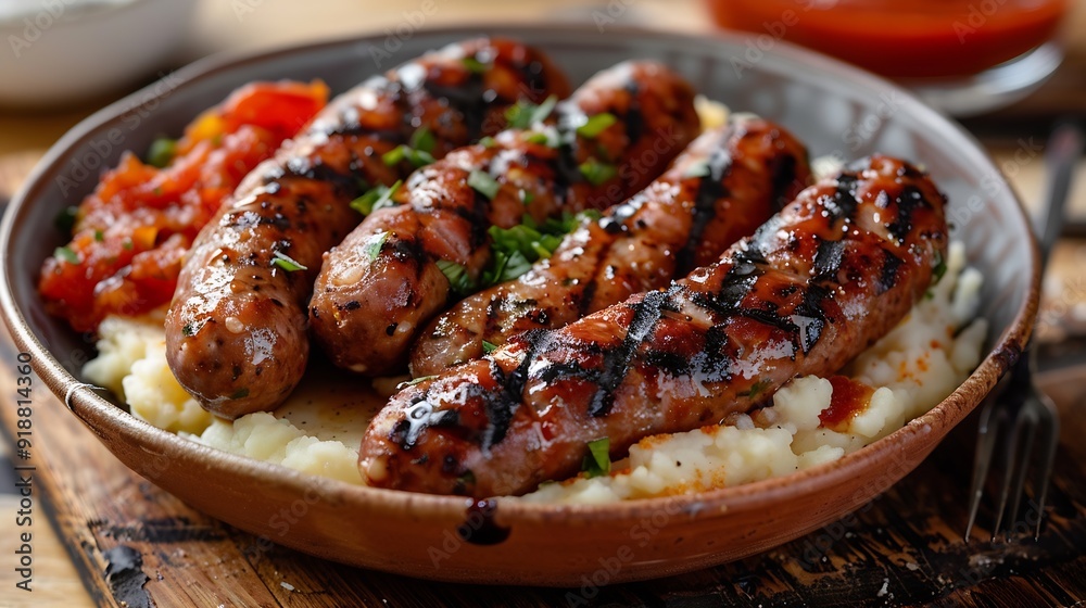 Devilled Sausages with mashed potato spiced tomato and apple sauce : Generative AI Devilled Sausages with mashed potato spiced tomato and apple sauce : Generative AI