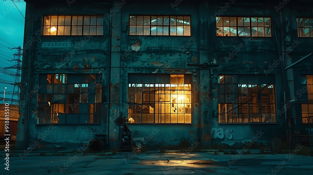 exterior of big old warehouse with windows at night : Generative AI exterior of big old warehouse with windows at night : Generative AI