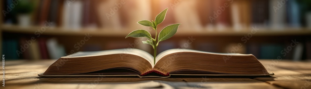 An open book with a small green plant emerging, symbolizing growth, knowledge, and the connection between nature and literature.