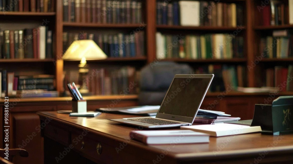 Library desk with books and laptop Library desk with books and laptop