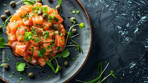 Gourmet fish tartar raw from salmon and sea bream fillet Salmon and sea bream tartare with microgreens and capers Top view : Generative AI photo