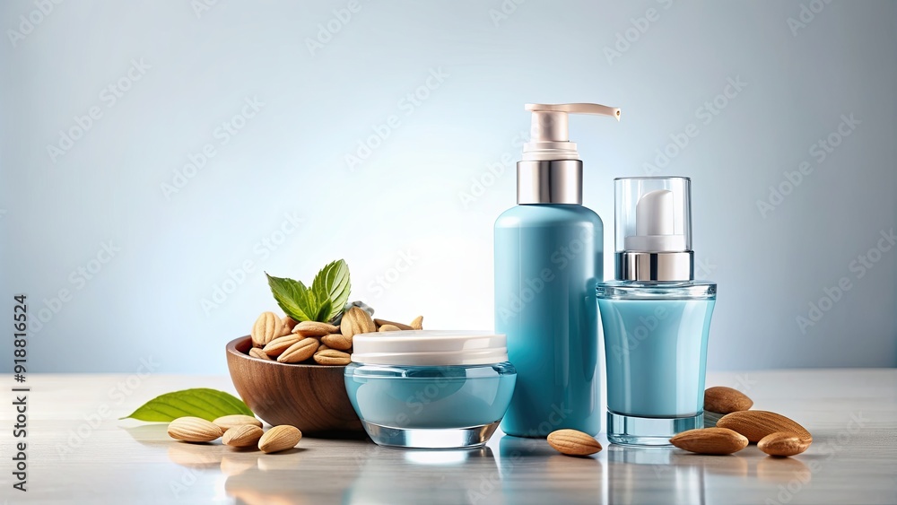 Elegant skincare essentials set with a blue pump bottle, cream jar, and almonds , skincare, elegant, essentials, blue Elegant skincare essentials set with a blue pump bottle, cream jar, and almonds , skincare, elegant, essentials, blue