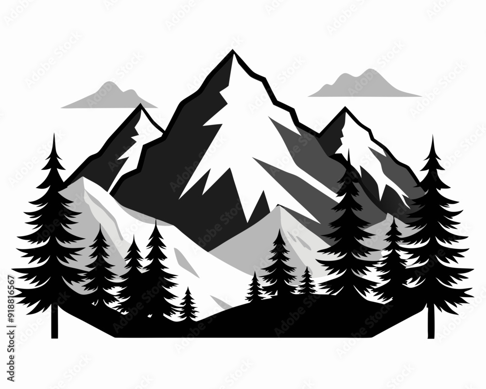 Minimalist mountain massif in the Alps with pine trees, flat design, black and white, vector Illustration white background