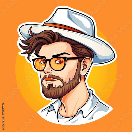 Stylish logo featuring a confident man with brown glasses, a beard, mustache, and a trendy hat, exuding charisma.