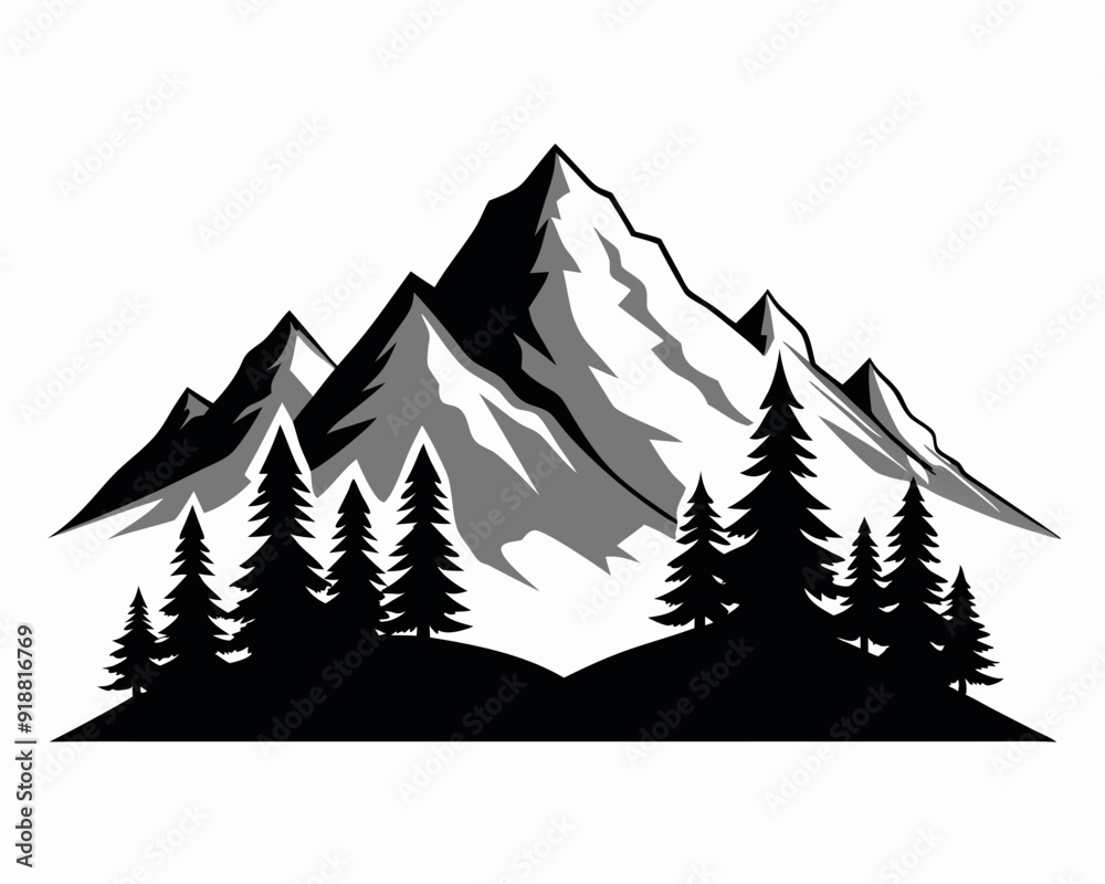 Obraz premium Minimalist mountain massif in the Alps with pine trees, flat design, black and white, vector Illustration white background