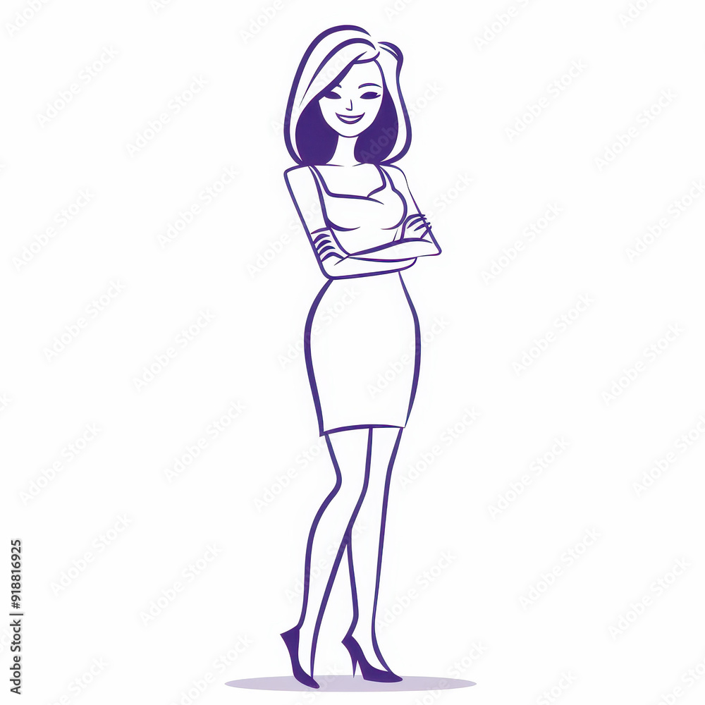 A cheerful woman in flat design, smiling brightly. Her fullbody outline is simple and vibrant against a white backdrop. A cheerful woman in flat design, smiling brightly. Her fullbody outline is simple and vibrant against a white backdrop.