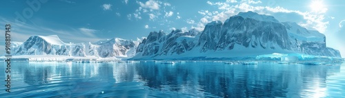 A stunning icy landscape featuring majestic glaciers reflecting in calm blue waters under a bright sky. photo