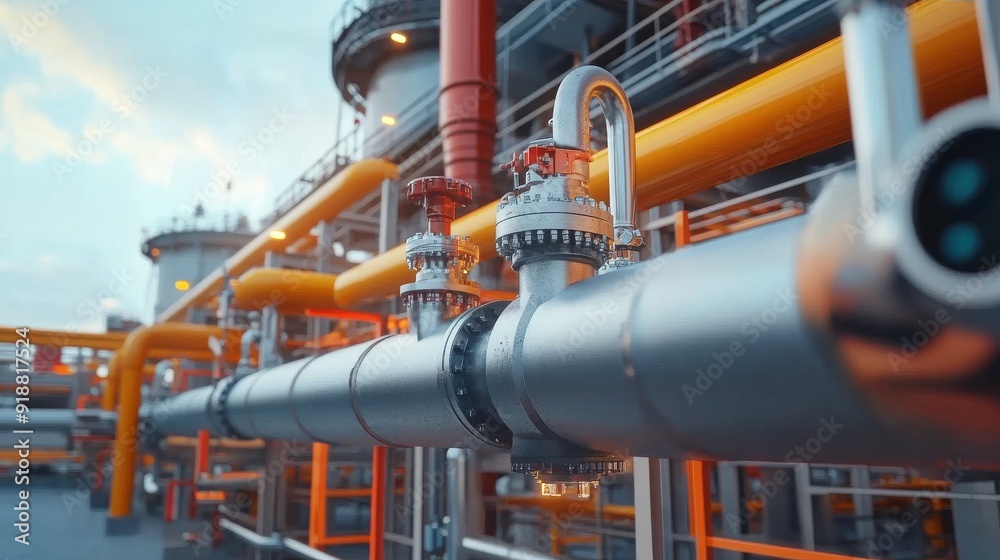 Pipeline and pipe rack of petroleum, chemical, hydrogen or ammonia industrial plant. Industrial zone Close up Pipeline and pipe rack of petroleum, chemical, hydrogen or ammonia industrial plant. Industrial zone Close up