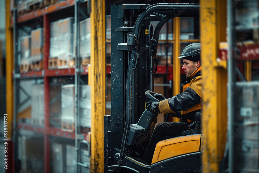 Forklift operator drives through a cold storage warehouse, managing goods among tall shelves, highlighting the precision required in refrigerated logistics. Forklift operator drives through a cold storage warehouse, managing goods among tall shelves, highlighting the precision required in refrigerated logistics.