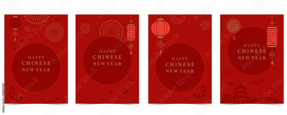 Happy Chinese New Year on red background with firework,lantern.Editable vector illustration for vertical A4 design Happy Chinese New Year on red background with firework,lantern.Editable vector illustration for vertical A4 design