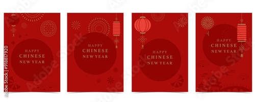 Happy Chinese New Year on red background with firework,lantern.Editable vector illustration for vertical A4 design