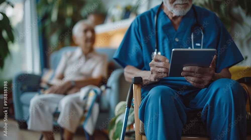 Obraz premium Senior man nurse and tablet for diagnosis in home healthcare and talking on recovery treatment Caregiver consulting and old person with disability cane and planning for medical rehabil : Generative AI