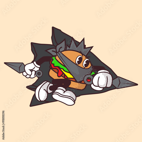 Burger Ninja Mascot Vintage and Retro Illustration