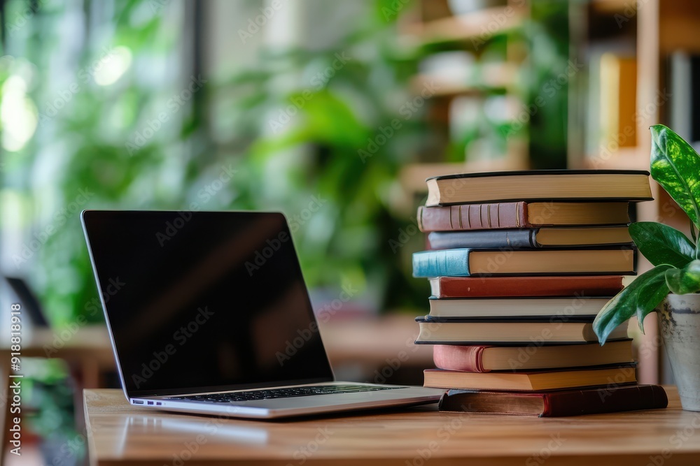 Laptop and books on a wooden desk in a modern office on a blurry background Laptop and books on a wooden desk in a modern office on a blurry background