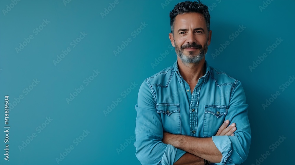 Handsome middleaged man standing with his arms folded looking at camera and smiling Halflength front portrait against blue background with copy space : Generative AI Handsome middleaged man standing with his arms folded looking at camera and smiling Halflength front portrait against blue background with copy space : Generative AI