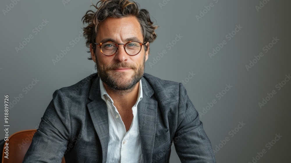 elegant man with glasses and beard sitting on the chair, smiling slightly in front view elegant man with glasses and beard sitting on the chair, smiling slightly in front view