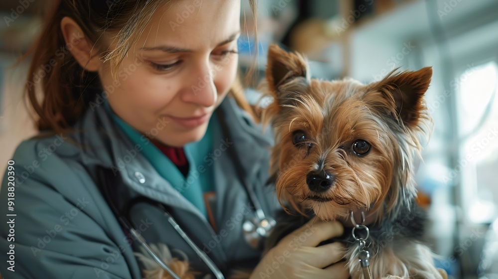 A woman veterinarian examining a small dog with a stethoscope in a veterinary clinic focusing closely on the animal and her hands during the checkup : Generative AI A woman veterinarian examining a small dog with a stethoscope in a veterinary clinic focusing closely on the animal and her hands during the checkup : Generative AI