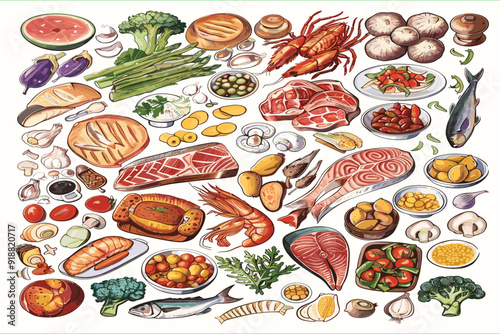 set Big food Collection of various meal, fish and meat, vegetables. Tabletop of Platters and Bowls of Food. 