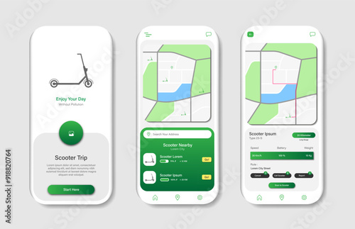 Electric scooter rental service application. Graphical user interface for responsive mobile applications