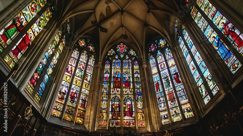 Medieval stained glass window depicting scenes from the life and martyrdom with ceiling roof inside cathedral