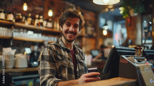 Happy young adult man paying the bill with a contactless credit card on a restaurant bar or coffee shop Handsome male smiling holding a creditcard and giving a payment transaction to t : Generative AI