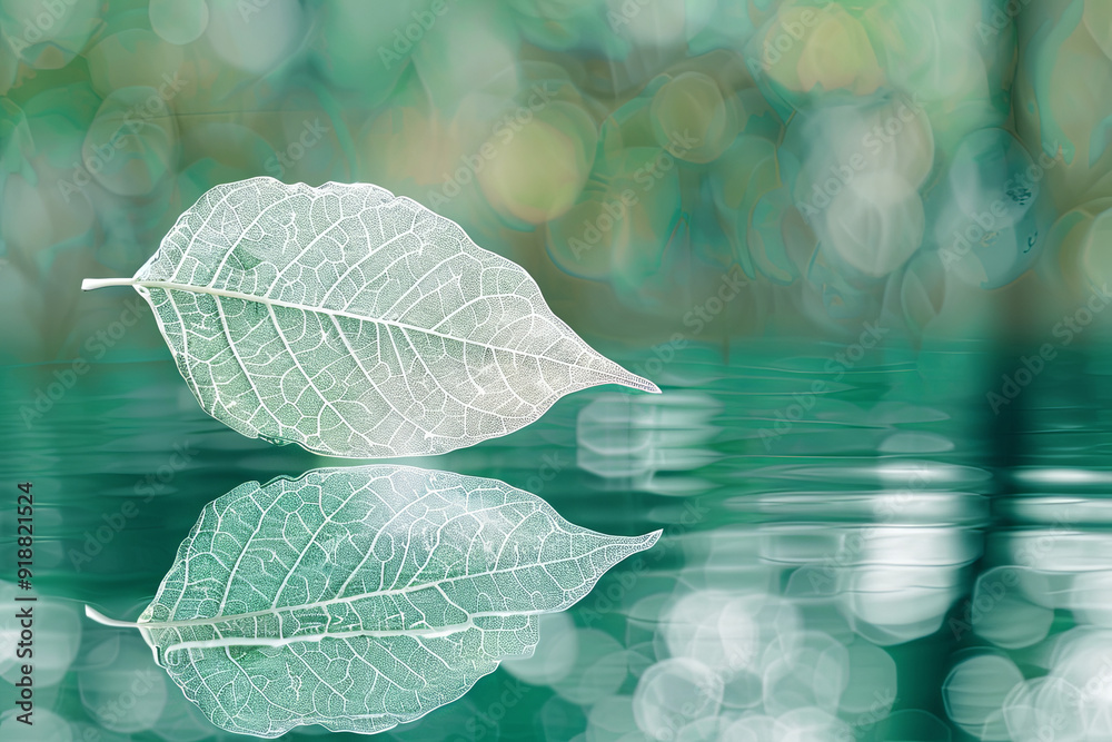White transparent leaf on a mirror surface with a green background reflection, artistic image