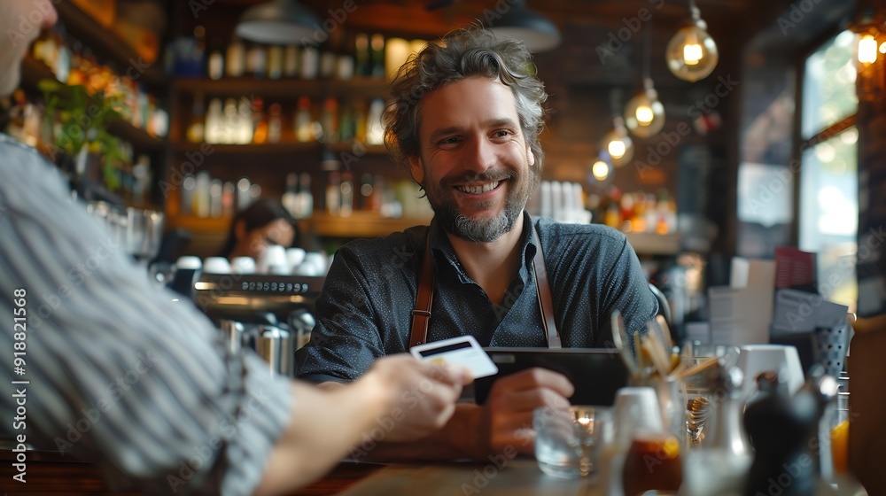 Happy mature business man paying bill using a contactless credit card in a restaurant Handsome mid adult male customer smiling holding a creditcard and giving a payment transaction to : Generative AI Happy mature business man paying bill using a contactless credit card in a restaurant Handsome mid adult male customer smiling holding a creditcard and giving a payment transaction to : Generative AI