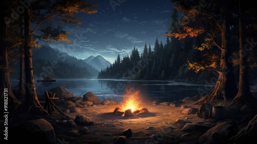 A campfire burns brightly on a sandy lakeshore, nestled between two tall trees. The lake stretches out before a thick forest line, with a small boat bobbing in the distance