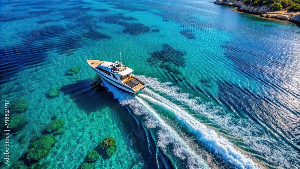 Obraz premium Aerial view of a fast boat on the blue Mediterranean sea, with sunny skies and crystal clear waters , vacation