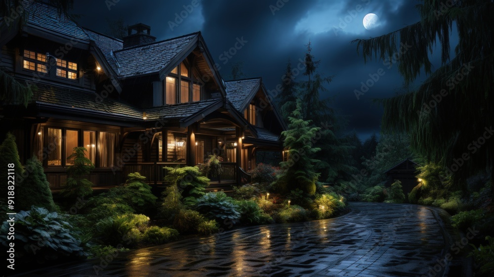 A cozy cabin bathed in moonlight, illuminated by warm lights, stands nestled among lush greenery on a rainy night. A cozy cabin bathed in moonlight, illuminated by warm lights, stands nestled among lush greenery on a rainy night.