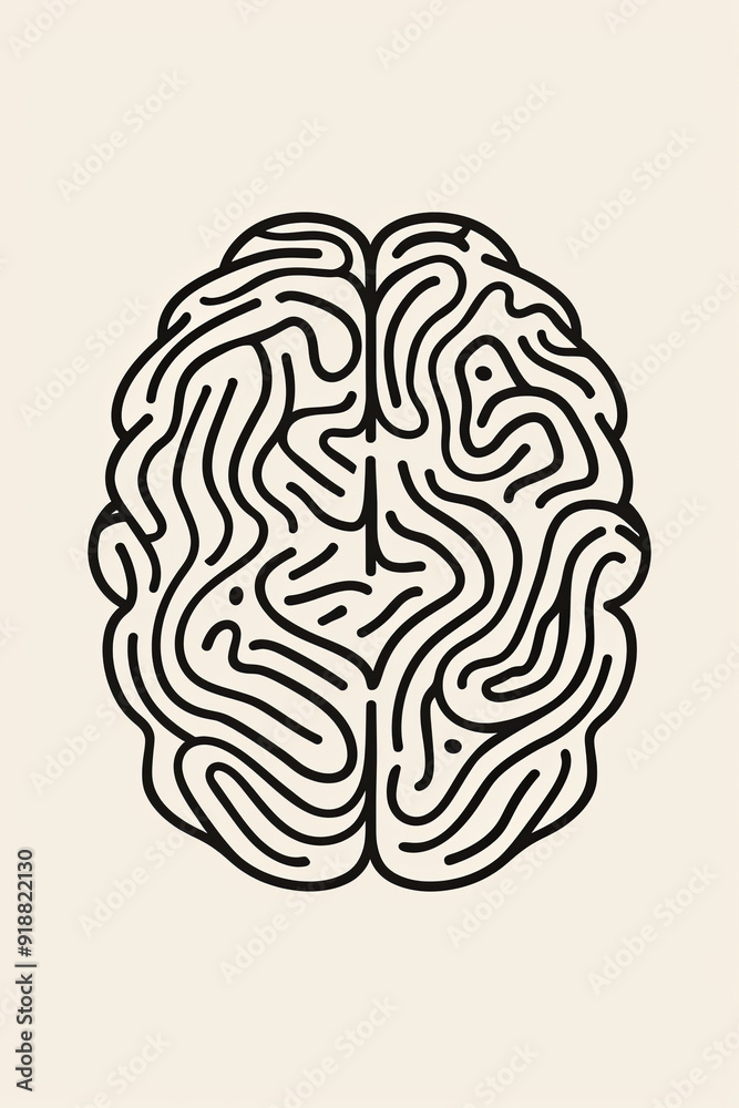 Hand-drawn icon of a brain in continuous line drawing, creative abstract art Hand-drawn icon of a brain in continuous line drawing, creative abstract art
